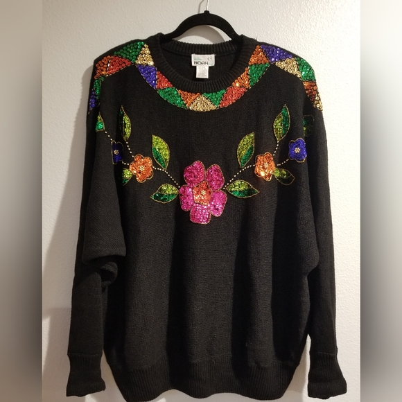 Vintage Mister Noah Plus Sequined Sweater Pullover Floral Flowers 90s Knit 22W - Picture 1 of 5
